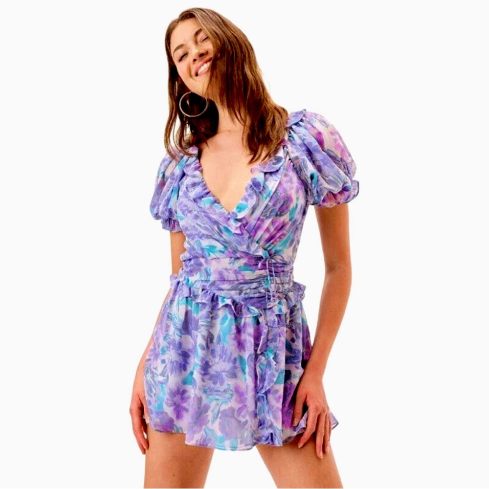 NWT For Love & Lemons Shelly Floral Lilac Ruffle
Mini Dress Size Medium